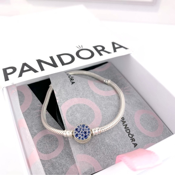 NEW! Pandora Moments Sparkling Blue Disc Clasp Snake Chain Bracelet Size 7.1" - Picture 8 of 13